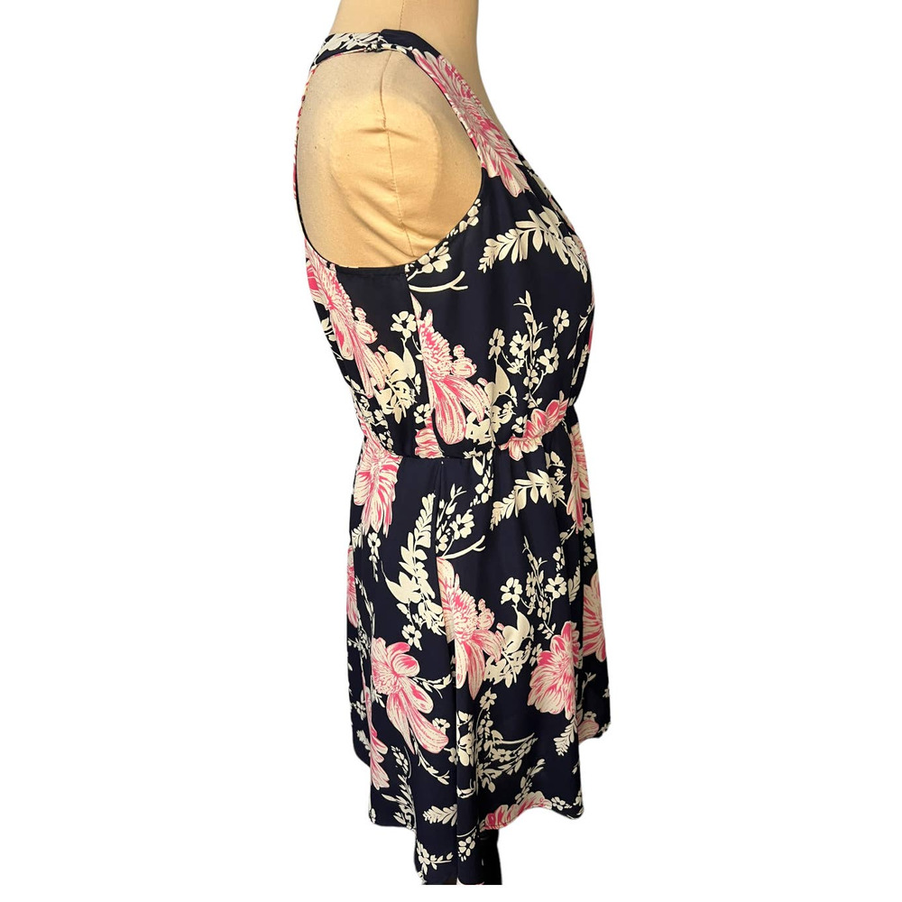 Lush Floral Skater Dress Womens Small Navy Pink Faux Wrap Fit & Flare Mini - Picture 3 of 6
